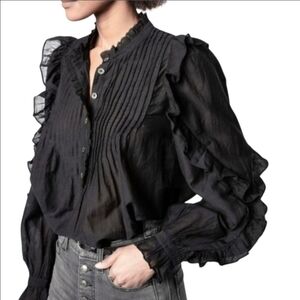 ZADIG & VOLTAIRE TIMMY TOMBOY RUFFLED TUNIC BLOUSE BLACK LARGE